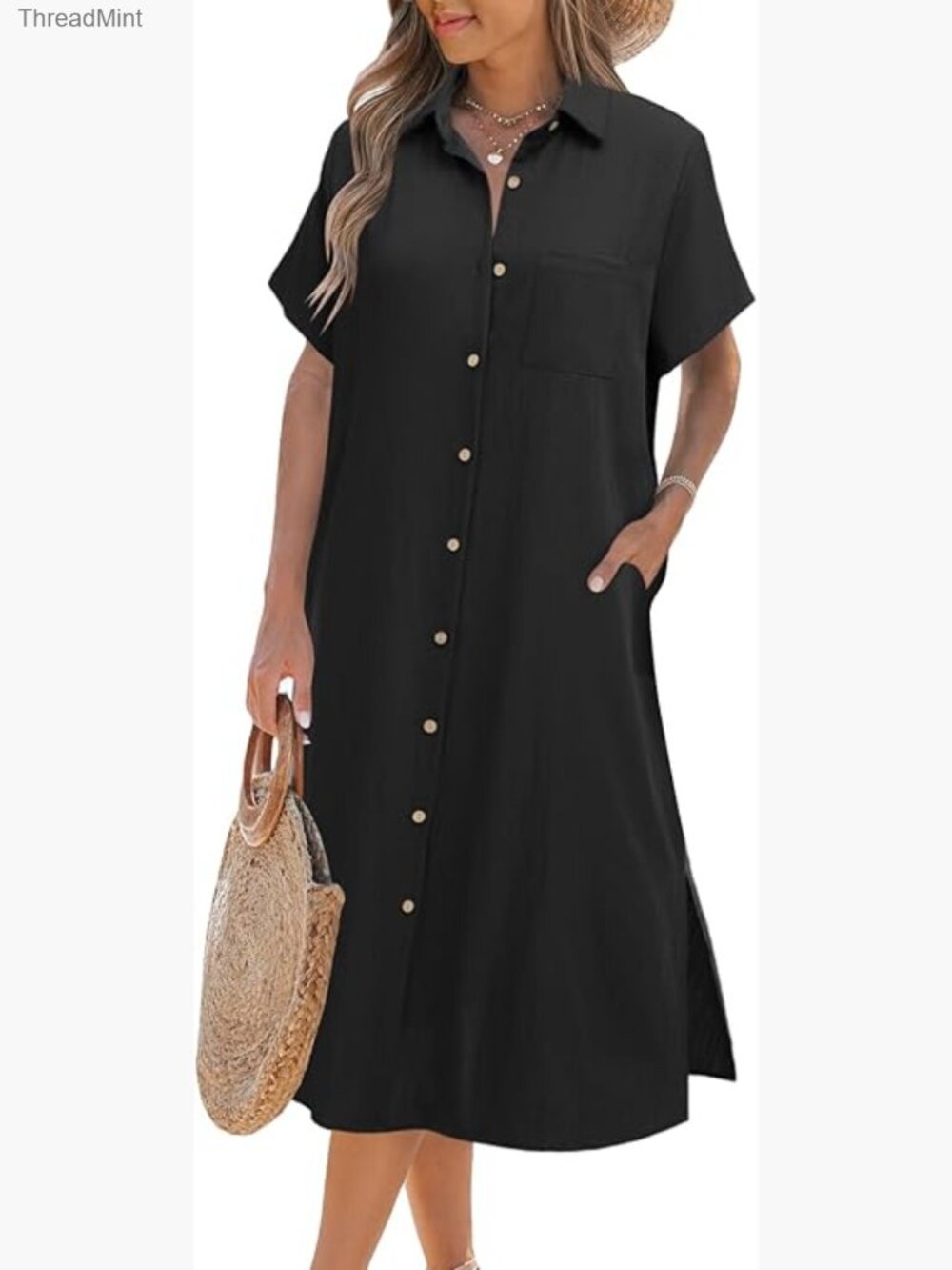 Short Sleeve Button Down Shirt Dress with Pockets Casual Beach Cover Up